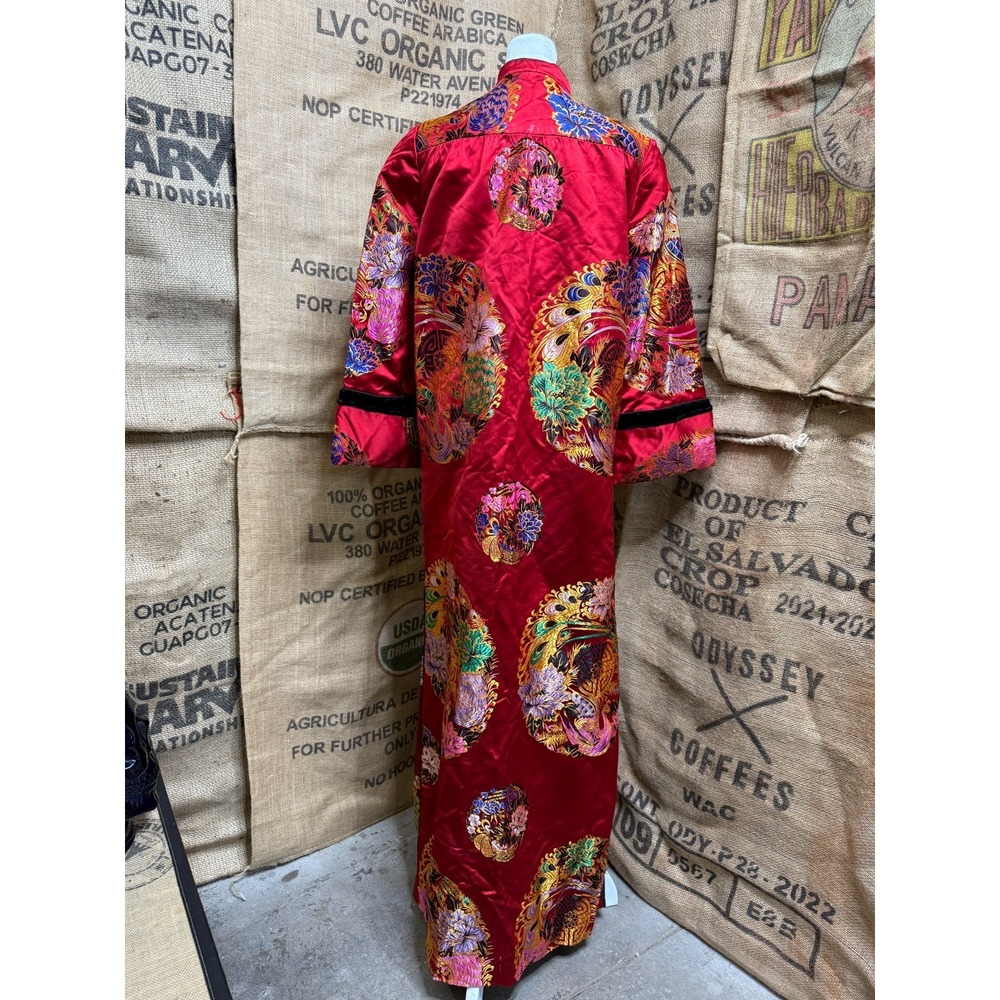 VTG Red Chinese Brocade Phoenix Dragon Maxi Robe Duster Mandarin Collar Velvet - Picture 3 of 8